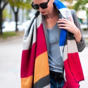 Zara Multicolor Colorblock Wool-Blend Scarf - Pink, Blue, Mustard, Gray